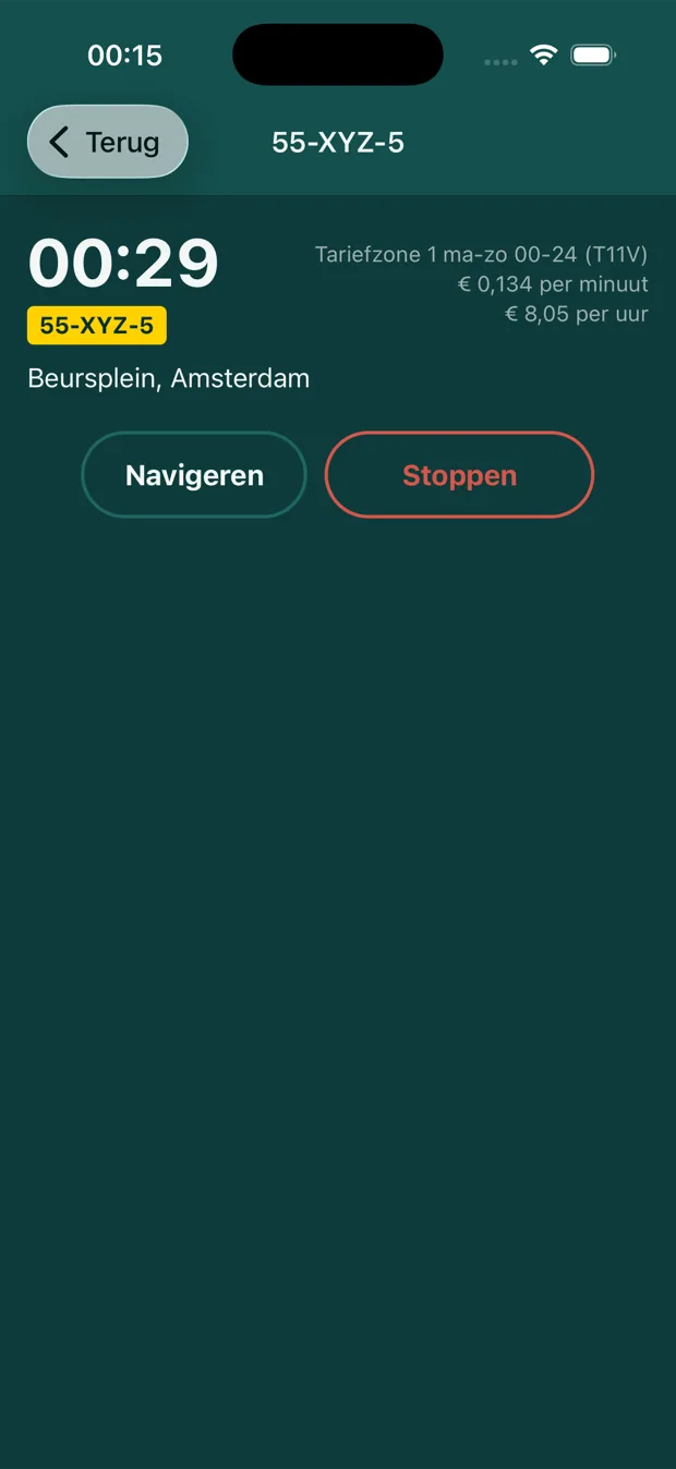 De Parqi-app met een lopende parkeeractie: een teller, het kenteken, Beursplein in Amsterdam, en het tarief van 8,05 euro per uur.